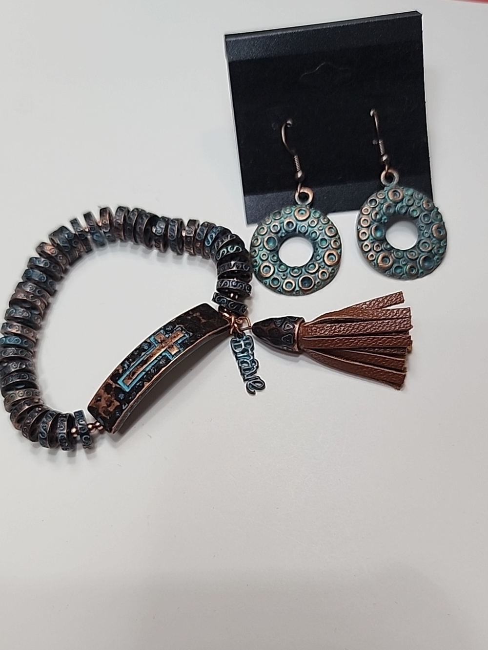 Rustic Copper & Patina Cross Charm Bracelet Set with Tassel (Brave)